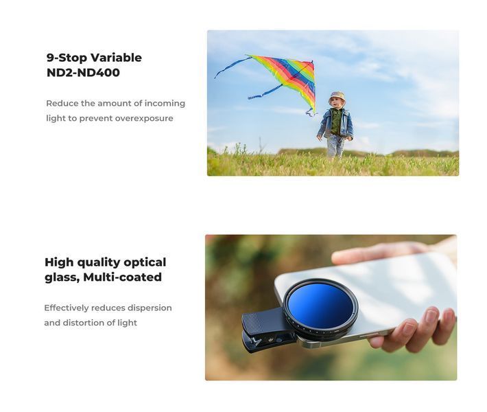 Світлофільтр K&F Concept ND2-400 Nano-K 52мм з кліпсою для iPhone зі змінною нейтральною щільністю (KF01.2639)