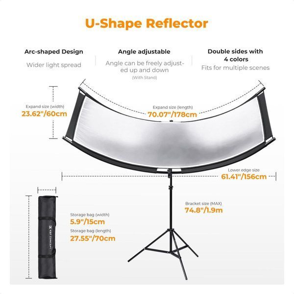 U-образный рефлектор K&F CONCEPT 180x60 см со светоотражающей тканью 4-в-1, черный/золотой/белый/серебряный, с подставкой 1,9 м KF18.0012 фото