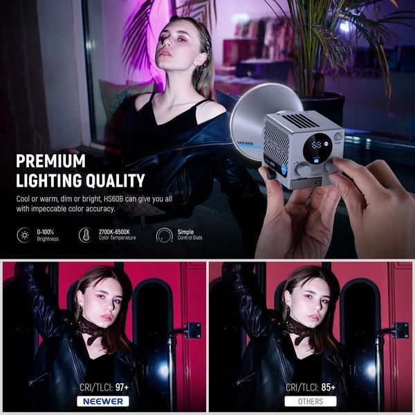 Портативный двухцветный студийный мини видеосвет NEEWER HS60B 60W Bi-Color LED Video Light (2700-6500K, APP ко 10104113 фото