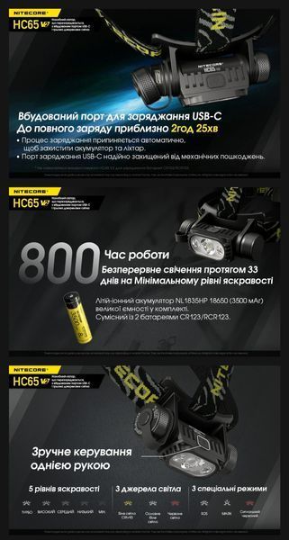 Тактический налобный фонарь Nitecore HC65M V2 (USB Type-C, с креплением на шлем) 010205 фото