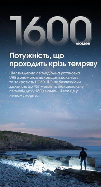 Налобный фонарь Nitecore HC60 UHE (USB Type-C, 1600Лм, 157м, 4000мАч) 010224.1 фото