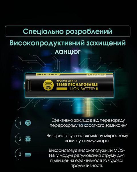 Акумулятор літієвий Li-Ion 18650 Nitecore NL1836R 3.6V (3600mAh, USB-C), захищений 010706.1 фото