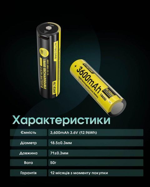 Акумулятор літієвий Li-Ion 18650 Nitecore NL1836R 3.6V (3600mAh, USB-C), захищений 010706.1 фото