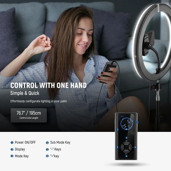 Кольцевая двухцветная студийная лампа для блоггера Neewer RH12B 24Вт 2900-7000К 30,5см со штативом 180см 10104139 фото