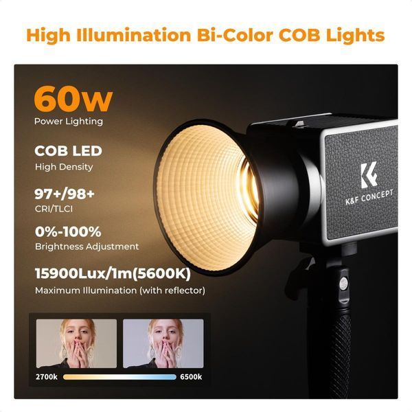 Портативный двухцветный студийный видеосвет K&F Concept PL-60B 60 Вт (2700-6500K, APP контроль, встроенный акб 4500мАч) KF34.045 фото