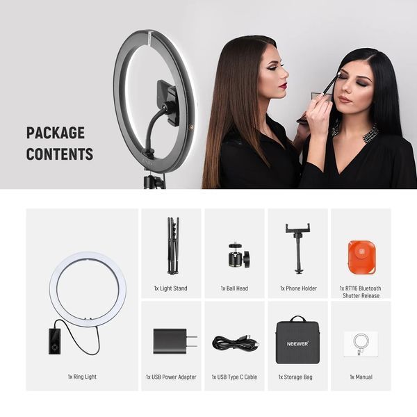 Кольцевая двухцветная студийная лампа для блоггера Neewer RH12B 24Вт 2900-7000К 30,5см со штативом 180см 10104139 фото