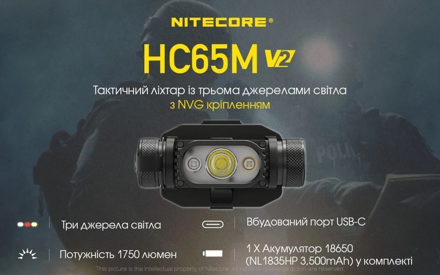 Тактический налобный фонарь Nitecore HC65M V2 (USB Type-C, с креплением на шлем) 010205 фото