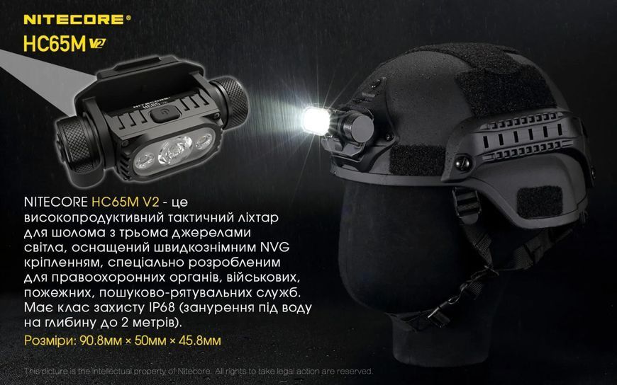 Тактический налобный фонарь Nitecore HC65M V2 (USB Type-C, с креплением на шлем) 010205 фото